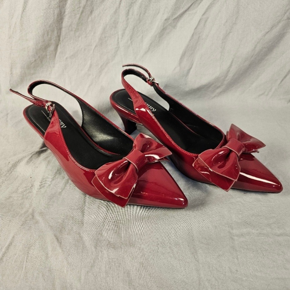 Susanny Womens Red Patent Bow Slingback Pumps Pointed Toe Kitten Heels Size 6